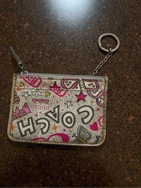 Coach Poppie  Pink & Gray Graphic Card Case Keychain
